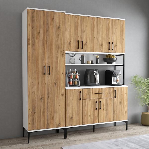 Tanmob MDL0603 Alt Üst Çift Kapılı Çok Amaçlı Dolap 8 Kapaklı Çekmeceli Raflı Beyaz Çam - Image 1