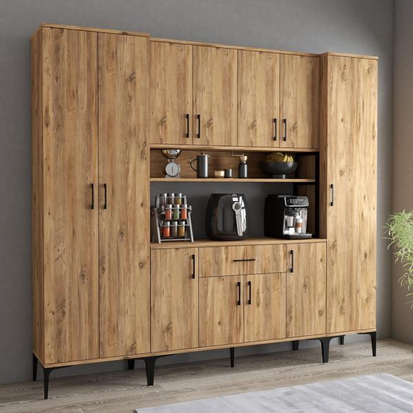 Tanmob MDL0702 Alt Üst Üç Kapılı Çok Amaçlı Dolap 8 Kapaklı Çekmeceli Raflı Çam - Image 1