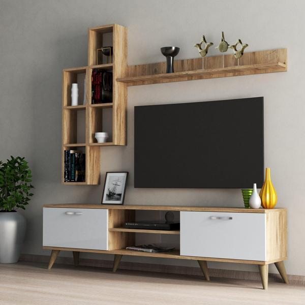 Mega 180 lik Kitaplıklı Raflı Tv Ünitesi Çam-Beyaz  - TVU0303 - Image 1