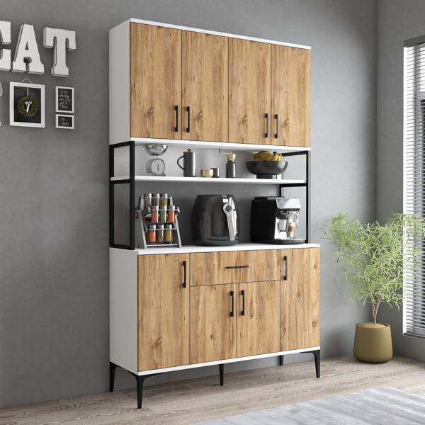 Tanmob MDL0403 Alt Üst Çok Amaçlı Dolap 8 Kapaklı Çekmeceli Raflı Mutfak Dolabı Beyaz Çam - Image 1