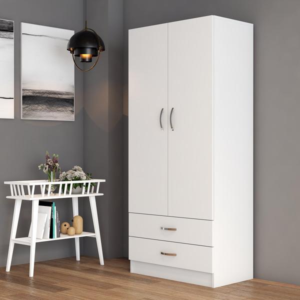 2 Kapılı İki Çekmeceli Geniş Gardrop Beyaz - GRD0401 - Image 1