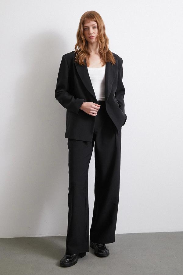 Bel Detaylı Wide Leg Pantolon Siyah - Image 1