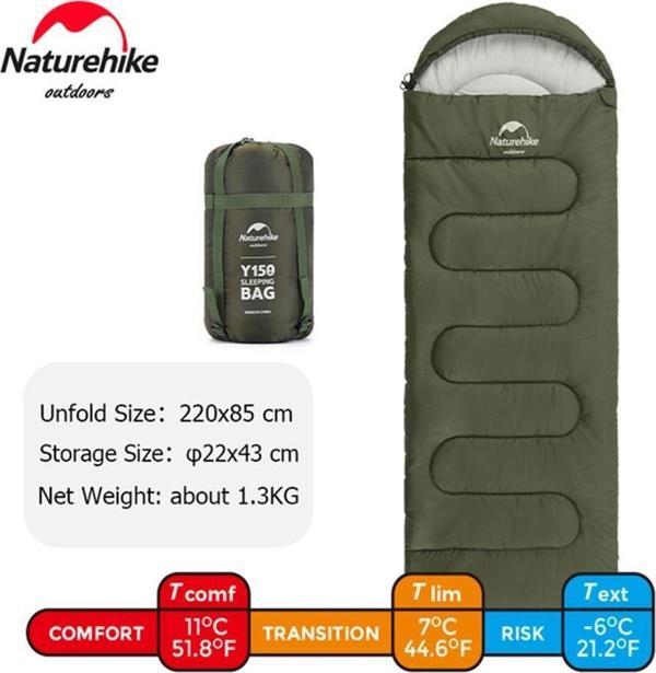 Naturehike Y150L Zarf Tarzı Kapüşonlu Pamuklu Uyku Tulumu -6°C YEŞİL-Left - Image 1