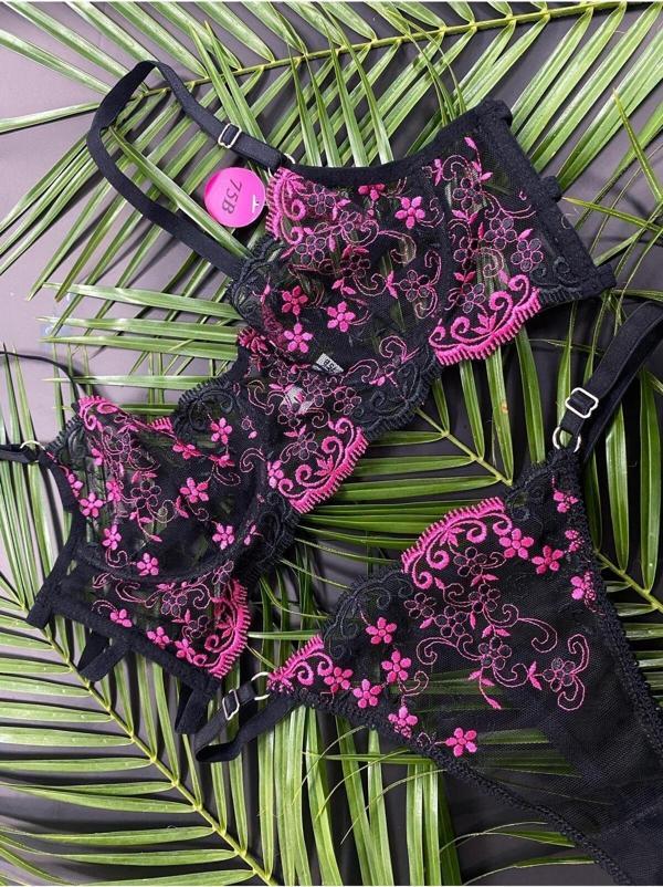 Sade İç Giyim Çiçek Desenli Brode Sütyen Takım Pembe 80 - Image 1