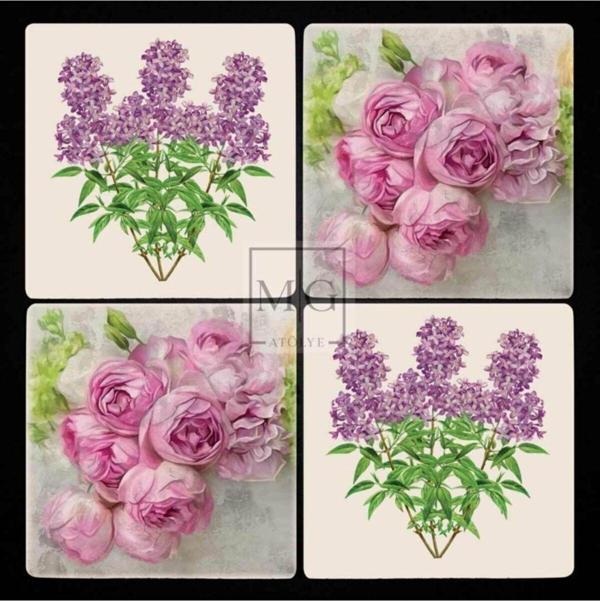 Mg Atölye Uv Baskılı Doğal Taş Bardak Altı 10 Cm X 10 Cm Leylak Ve Gül Desenli - Image 1