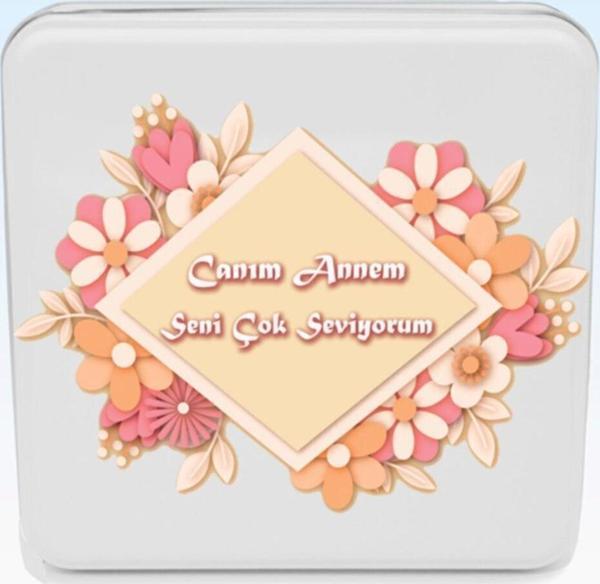 Mg Atölye Uv Bakılı Kare Metal Kutu Pembe Çiçek Desenli Anneler Günü - Image 1