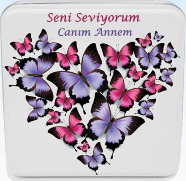 Mg Atölye Uv Baskılı Kare Metal Kutu Pembe Mor Kelebek Desenli Anneler Günü - Image 1