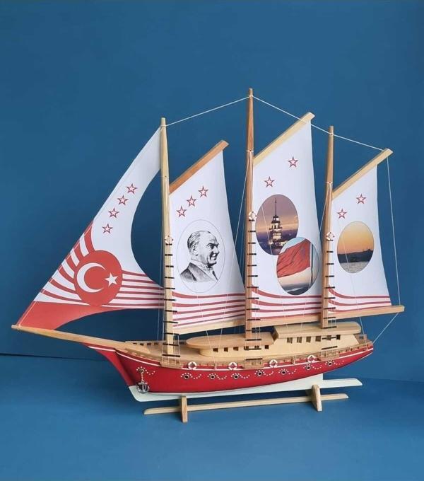 Marina Hediyelik 75 Cm - Özel İşlemeli -Türkiye Temalı 4 Yelken Özel Üretim Ahşap Gemi - Image 1