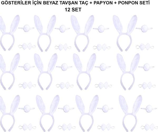 samur parti parti aksesuar & kostüm Beyaz Tavşan Kostüm Seti – Taç, Papyon, Kuyruk (12’li Paket) - Image 1