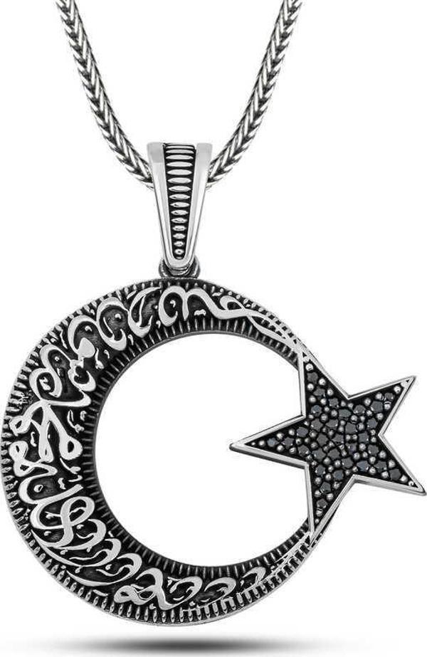 samur parti parti aksesuar & kostüm Gümüş Kelime-i Tevhid Yazılı Taşlı Erkek Kolye - Image 1