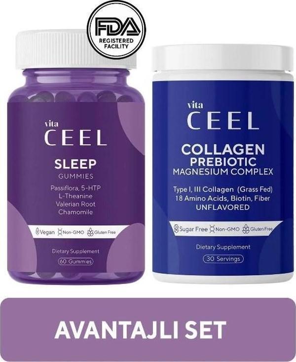 Vita Ceel Collagen Prebiotic Type I-III 30 Servis - Sleep Gummies 60 Gummies - Image 1