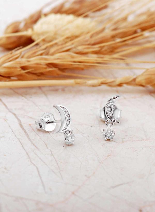 Taşlı Ay Rodyumlu Mini Gümüş Küpe 7348 - Image 1