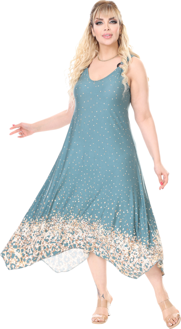 Melsay Butik Askılı V Yaka Yeşil Puanlı Eteği Leopar Desen Elbise - Image 1