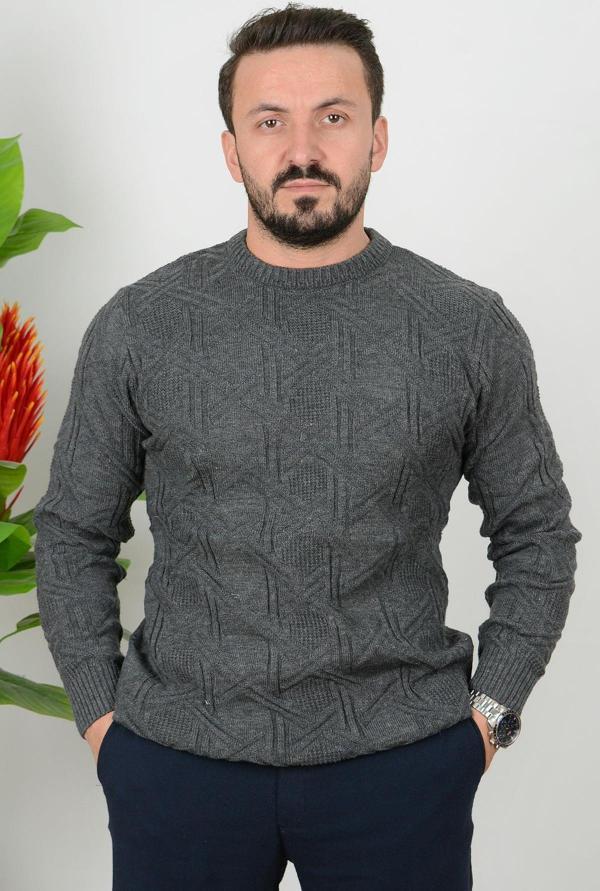 Erkek Desenli Bisiklet Yaka Slim Fit Triko Kazak Antrasit Edw018 - Image 1