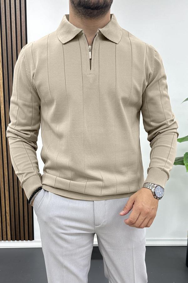 Erkek Yarım Fermuarlı Polo Yaka Mevsimlik Kazak Vizon Edw195 - Image 1