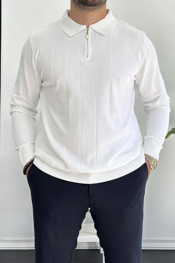Erkek Yarım Fermuarlı Polo Yaka Mevsimlik Kazak Beyaz Edw195 - Image 1