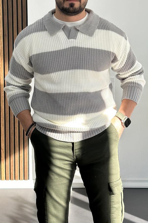 Erkek Yakalı Kalın Triko Kazak Gri Edw219 - Image 1