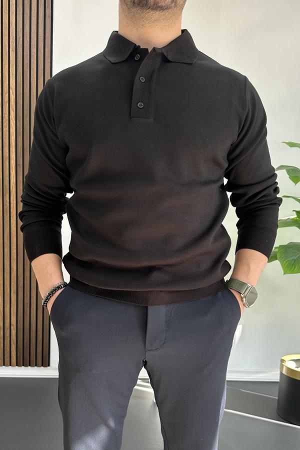 Erkek Düğmeli Polo Yaka Kazak Siyah Edw231 - Image 1