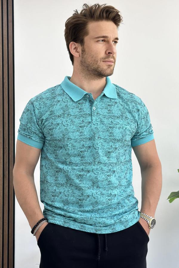 Erkek Slim Fit Desenli Polo Yaka Tişört Mavi Edw153 - Image 1