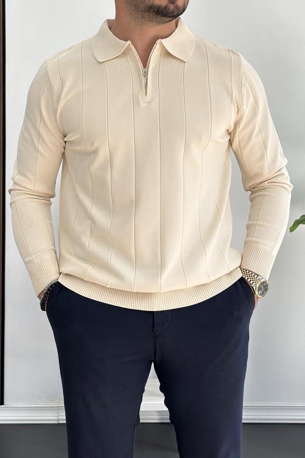 Erkek Yarım Fermuarlı Polo Yaka Mevsimlik Kazak Krem Edw195 - Image 1