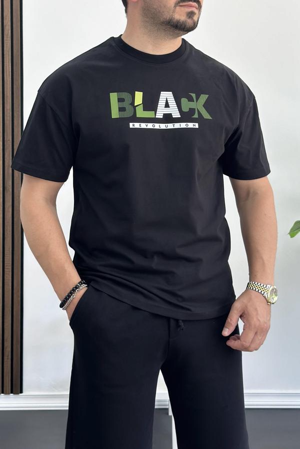 Erkek Oversize %100 Pamuk Baskılı T-shirt Siyah Edw155 - Image 1