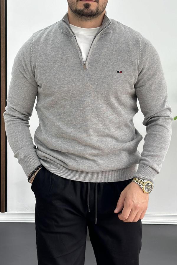 Erkek Yarım Fermuarlı Dik yaka Kazak Gri Edw217 - Image 1