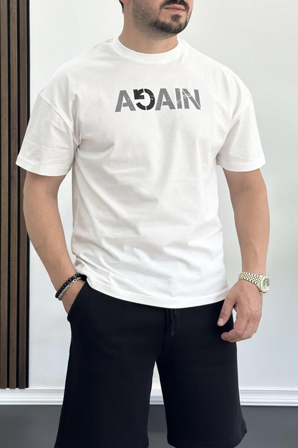 Erkek Oversize %100 Pamuk  Baskılı T-shirt Beyaz Edw154 - Image 1