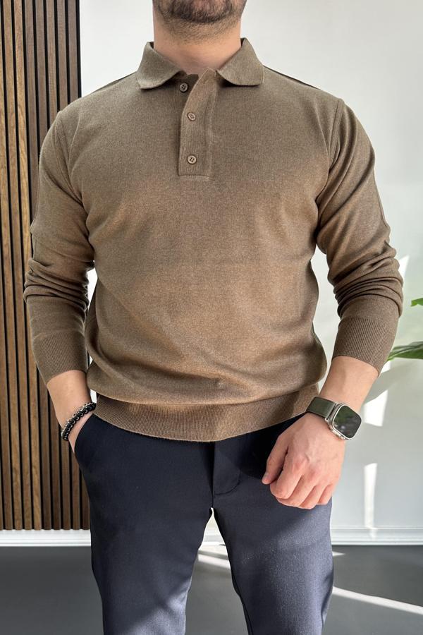 Erkek Düğmeli Polo Yaka Kazak Kahverengi Edw231 - Image 1
