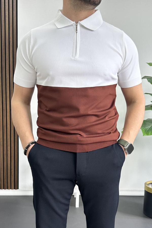 Erkek Renk Bloklu Polo Yaka Yarım Fermuarlı Tişört Kiremit Edw234 - Image 1