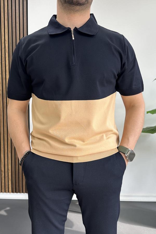 Erkek Renk Bloklu Polo Yaka Yarım Fermuarlı Tişört Lacivert Edw234 - Image 1