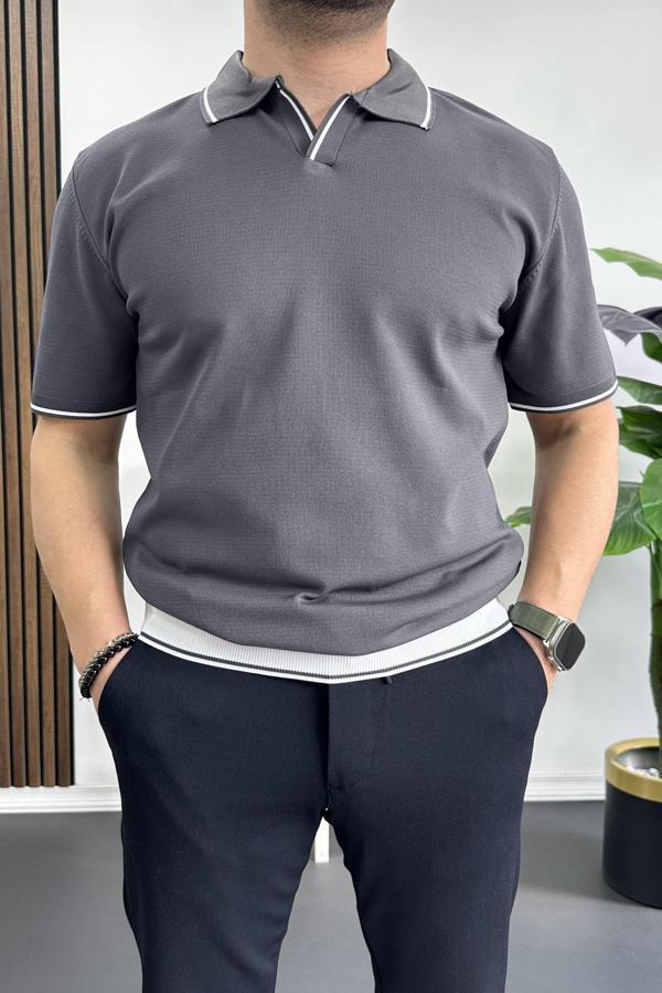 Erkek Açık Yaka Şerit Detaylı Tişört Füme Edw235 - Image 1