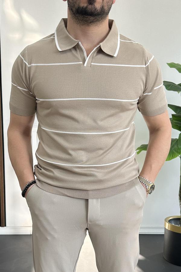 Erkek Açık Yaka Yan Çizgili Tişört Vizon Edw259 - Image 1