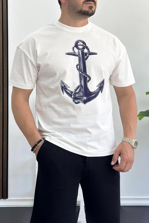 Erkek Oversize %100 Pamuk  Baskılı T-shirt Beyaz Edw158 - Image 1