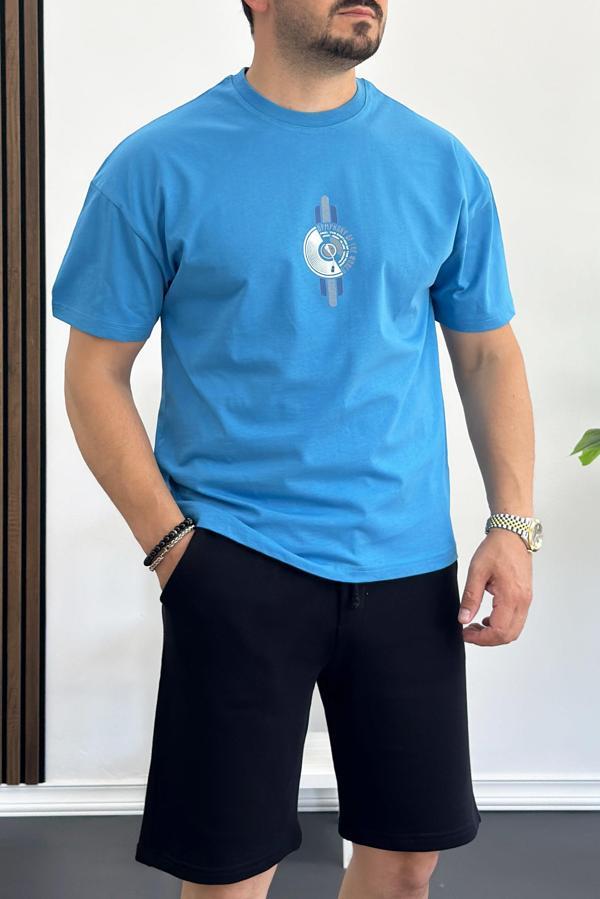 Erkek Oversize %100 Pamuk Baskılı T-shirt Mavi Edw159 - Image 1