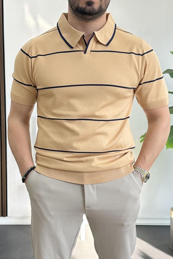 Erkek Açık Yaka Yan Çizgili Tişört Sarı Edw259 - Image 1