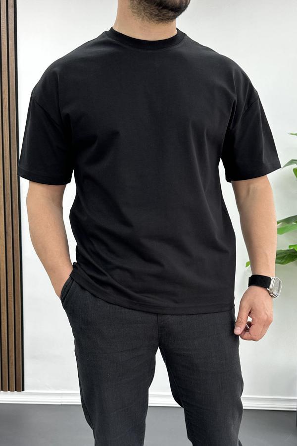 Erkek Oversize %100 Pamuk Nefes Alan Basic T-shirt Siyah Edw038 - Image 1