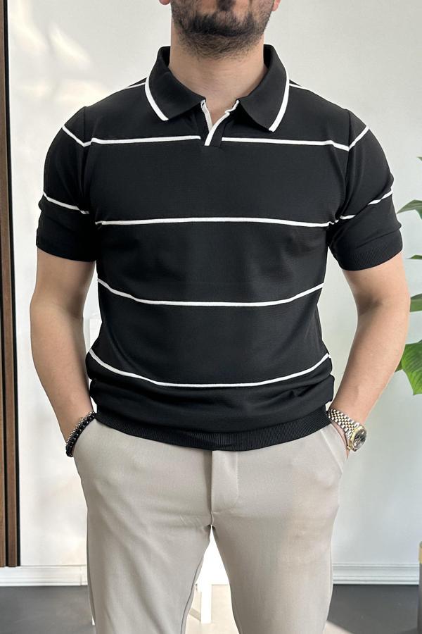 Erkek Açık Yaka Yan Çizgili Tişört Siyah Edw259 - Image 1