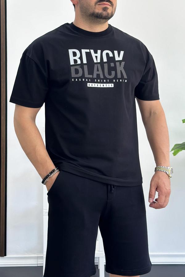 Erkek Oversize %100 Pamuk Baskılı T-shirt Siyah Edw157 - Image 1