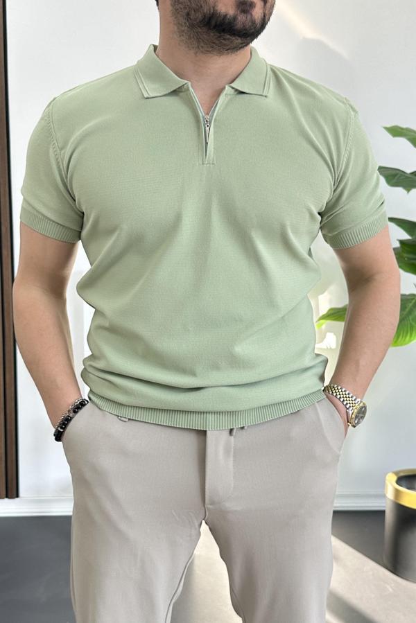 Erkek Polo Yaka Polo Yaka Fermuarlı Düz Tişört Açık Yeşil Edw261 - Image 1