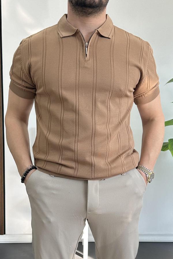 Erkek Polo Yaka Fermuarlı Desenli Tişört Kahverengi Edw262 - Image 1