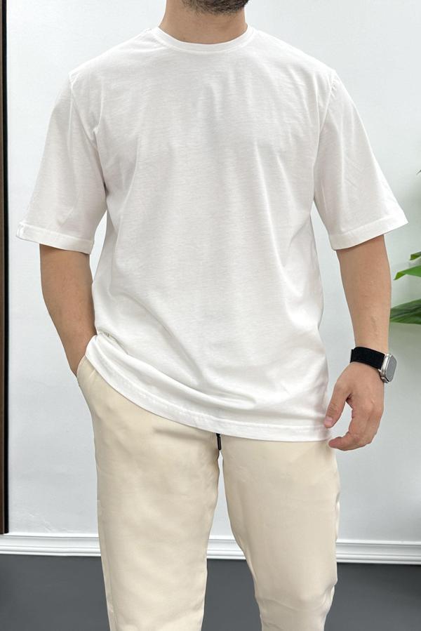 Erkek Oversize Pamuklu Basic T-shirt Ekru Edw089 - Image 1