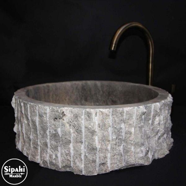 Mym Mermer Yapı Market Gümüş Traverten Silindir Dikey Patlatma Lavabo - Image 1