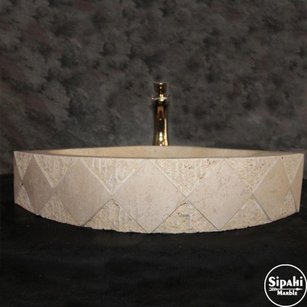 Sipahi Marble Traverten Üçgen Model Desenli Lavabo - Batarya Çıkışlı - Image 1