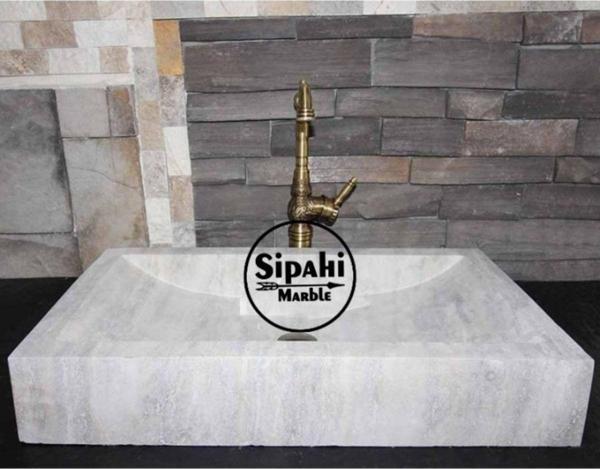 Sipahi Marble Gümüş Traverten Modern Kare Lavabo - Image 1