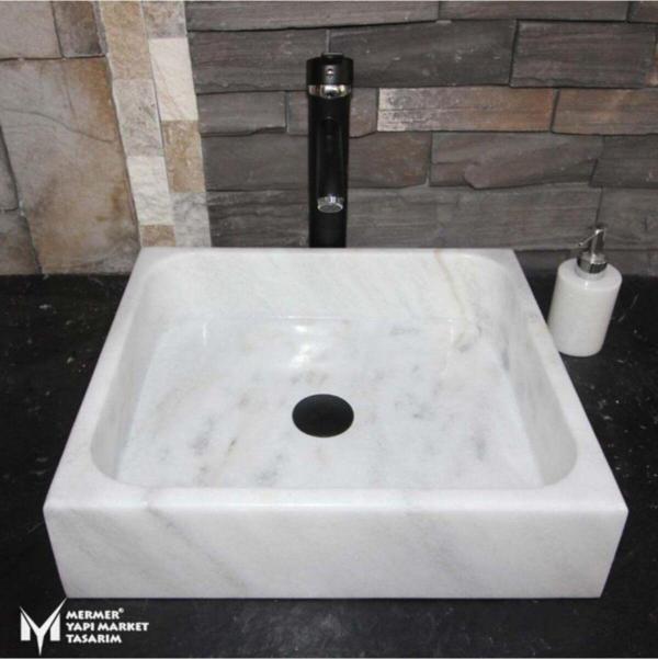 Sipahi Marble Afyon Beyaz Mermer Modern Kare Lavabo - Image 1