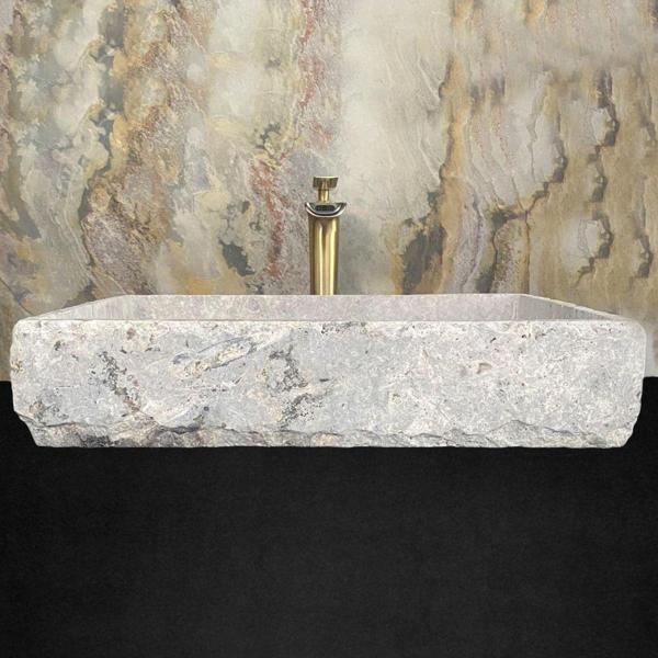 Sipahi Marble Gümüş Traverten Ince Kenar Dikdörtgen Lavabo - Image 1