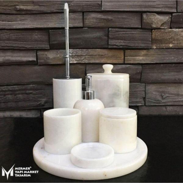 Mym Mermer Yapı Market Beyaz Mermer Krom Aparatlı 7'Li Banyo Seti - Image 1