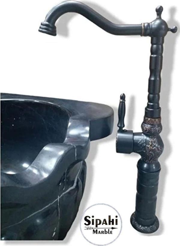 Sipahi Marble Siyah Bronz İşlemeli Çanak Lavabo Bataryası -Uzun - Image 1