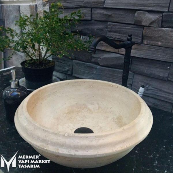 Mym Mermer Yapı Market Traverten Özel Dizayn Yuvarlak Lavabo - Image 1
