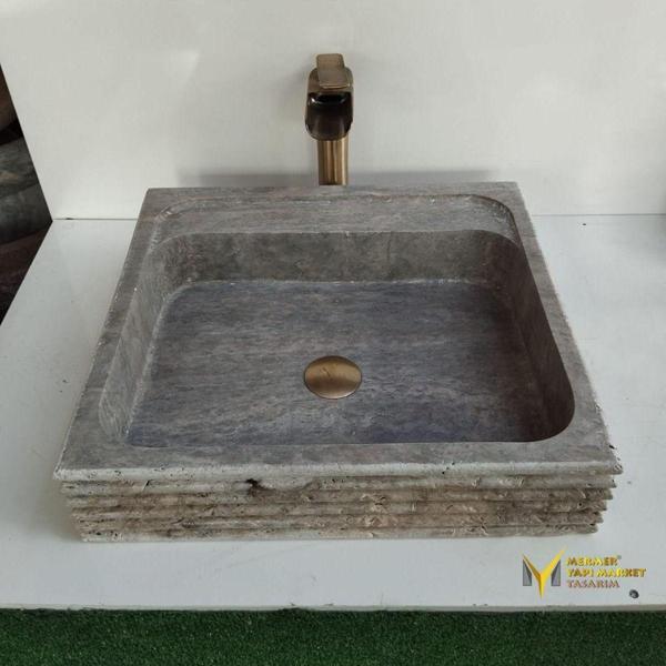 Mym Mermer Yapı Market Gümüş Traverten Modern Lavabo - Image 1